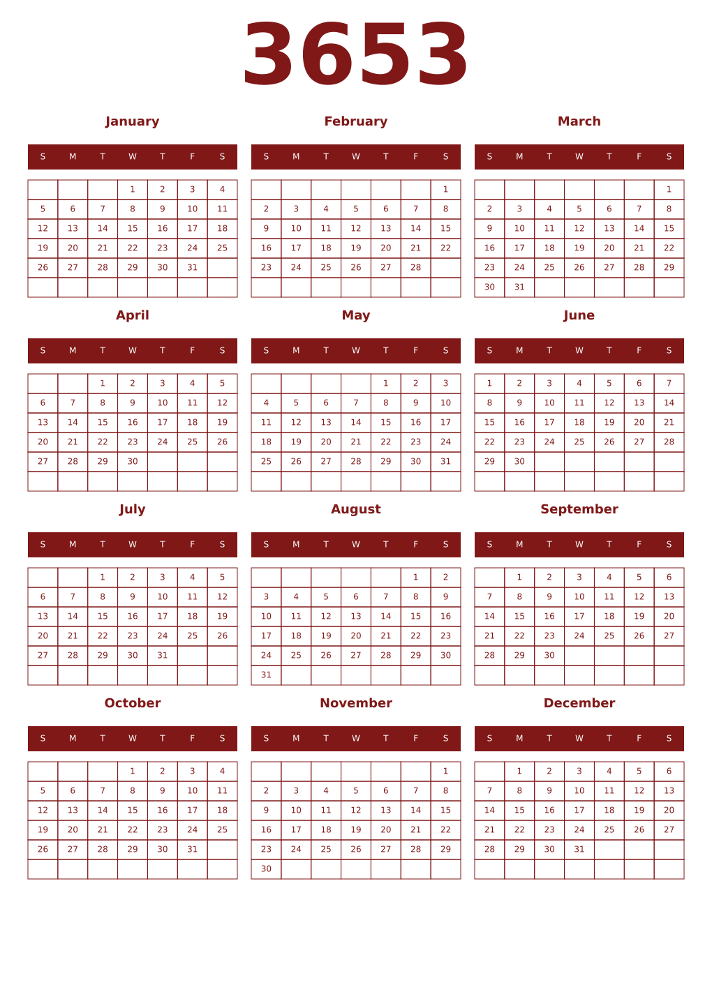Printable 3653 Year Calendars falu