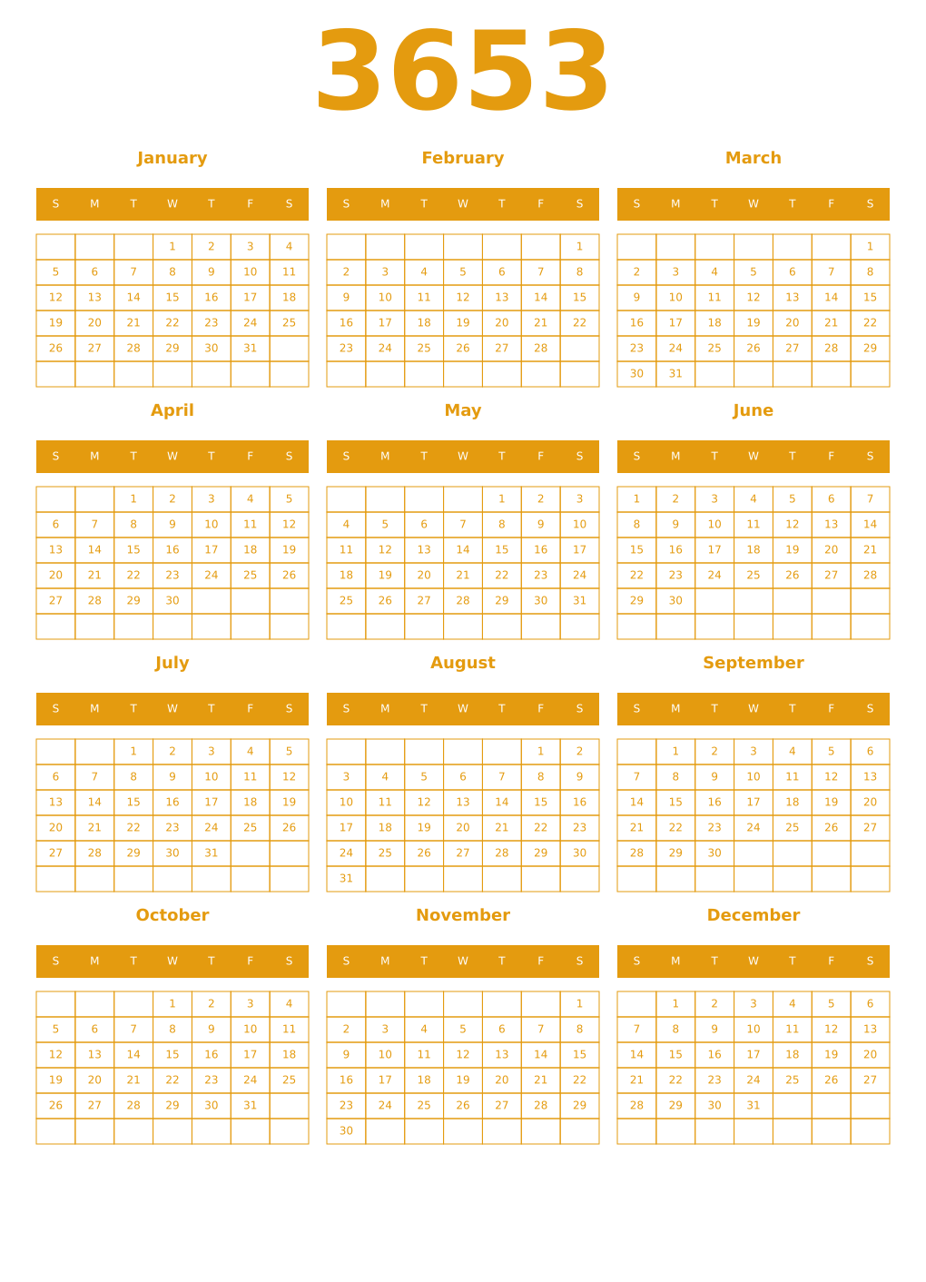 Printable 3653 Year Calendars gamboge