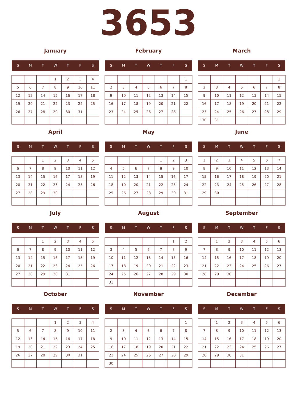 Printable 3653 Year Calendars mortuum