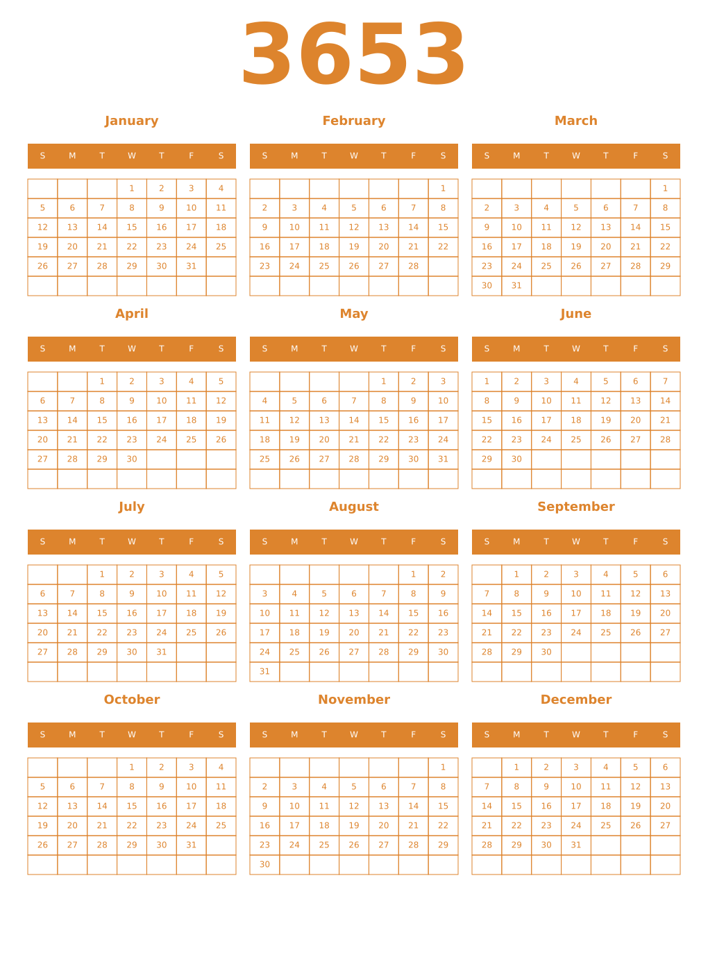 Printable 3653 Year Calendars orange