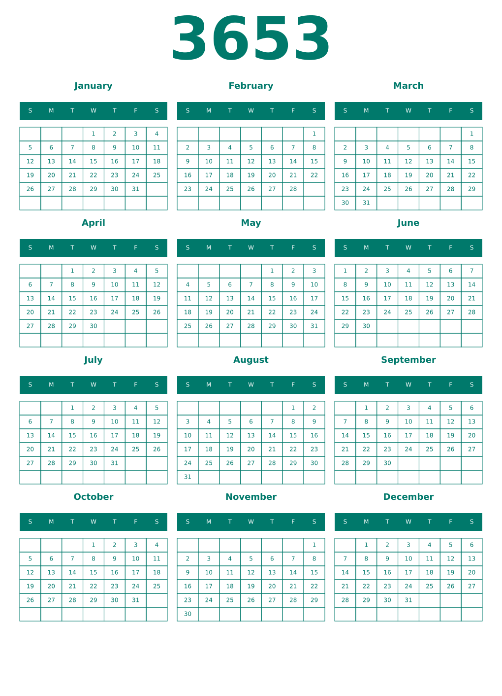 Printable 3653 Year Calendars pastel