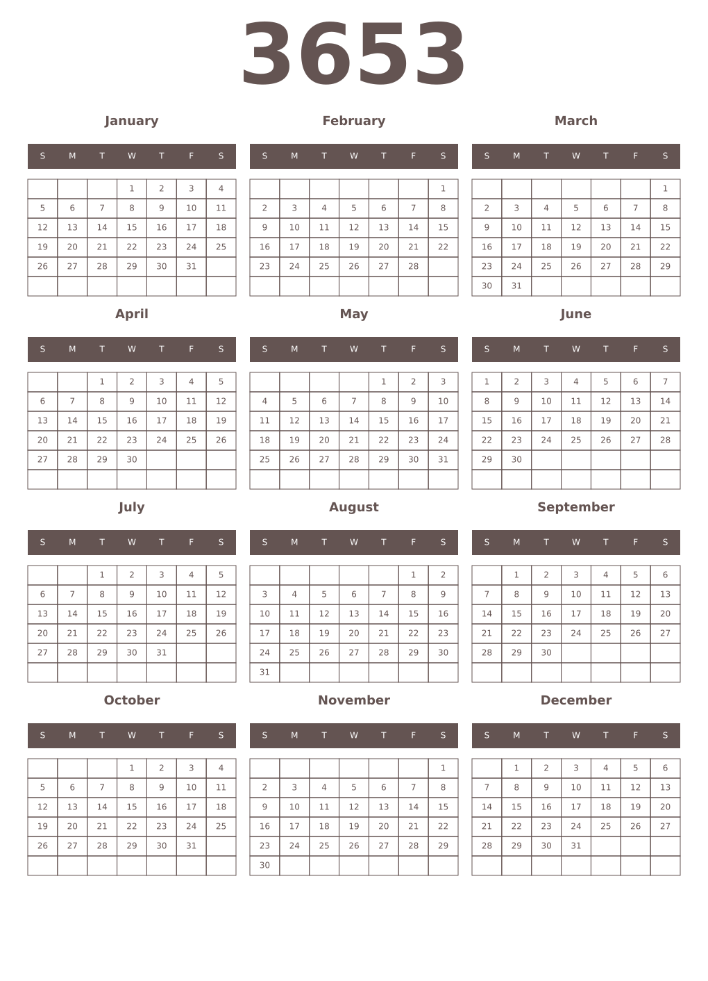 Printable 3653 Year Calendars wenge