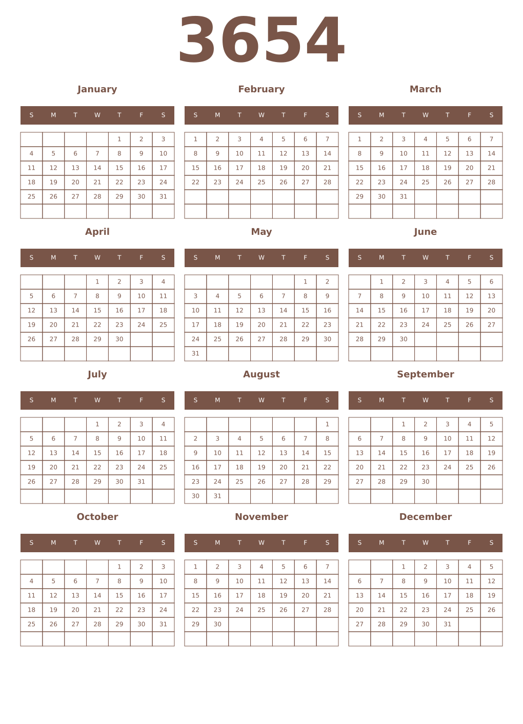 Printable 3654 Year Calendars coffe