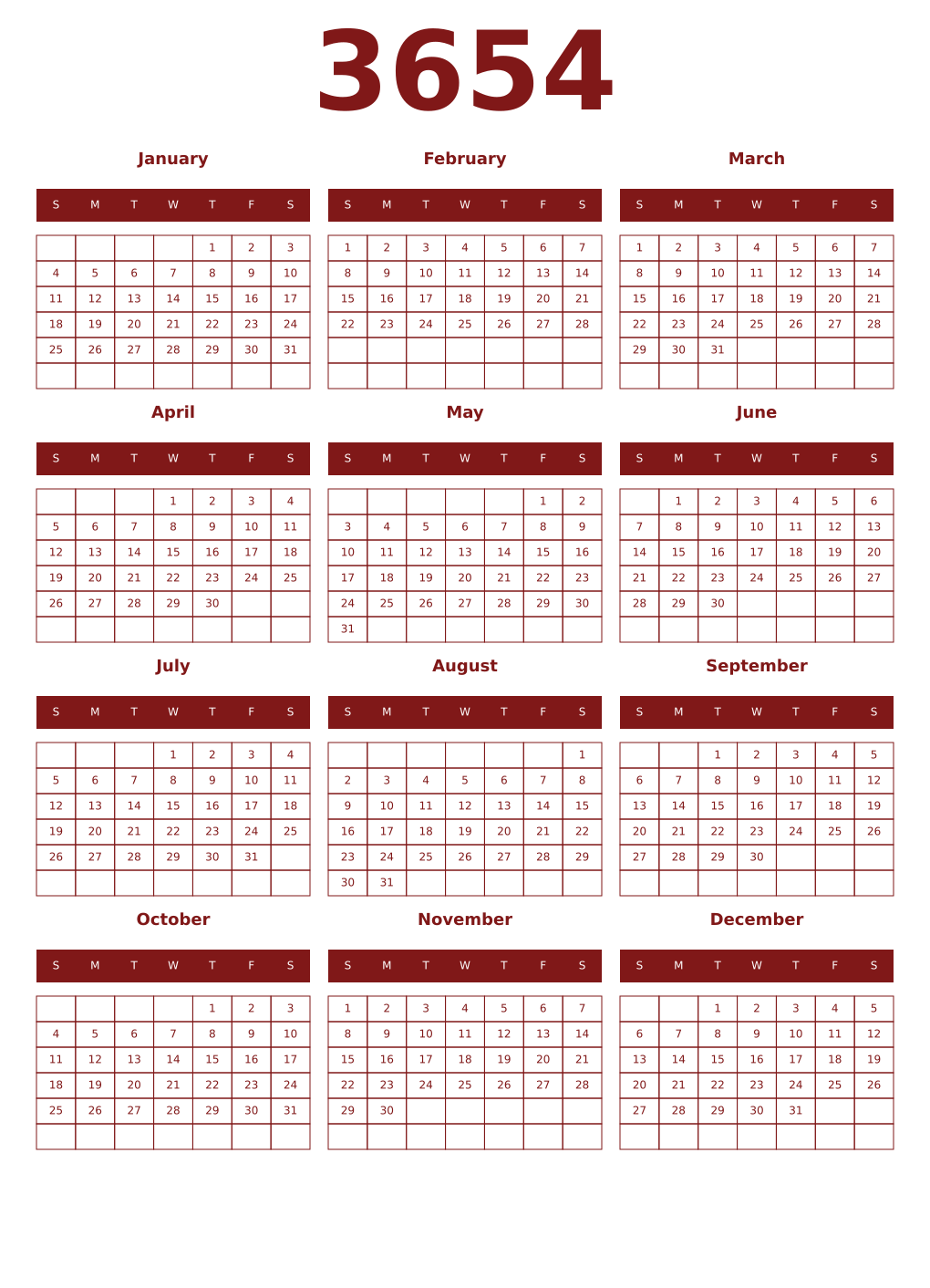 Printable 3654 Year Calendars falu