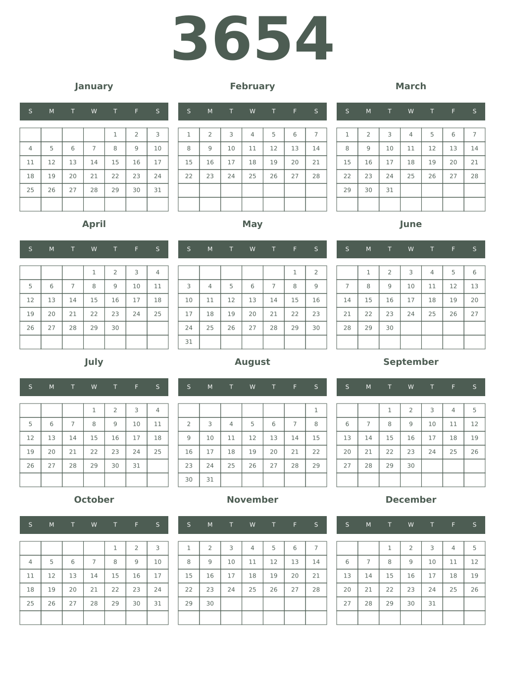 Printable 3654 Year Calendars feldgrau