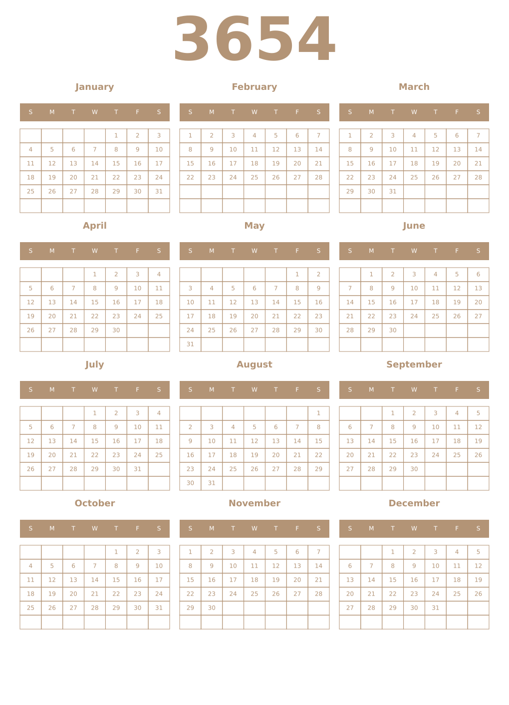 Printable 3654 Year Calendars isabelline