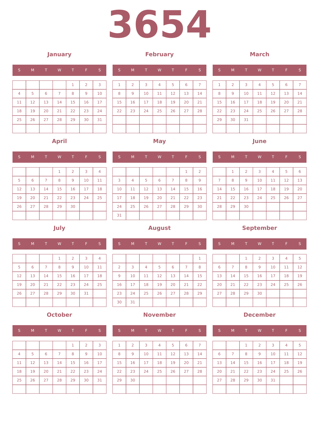 Printable 3654 Year Calendars puce