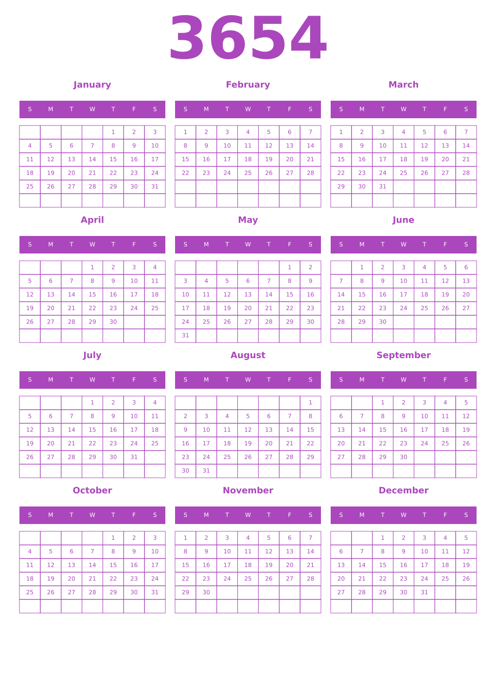 Printable 3654 Year Calendars purple