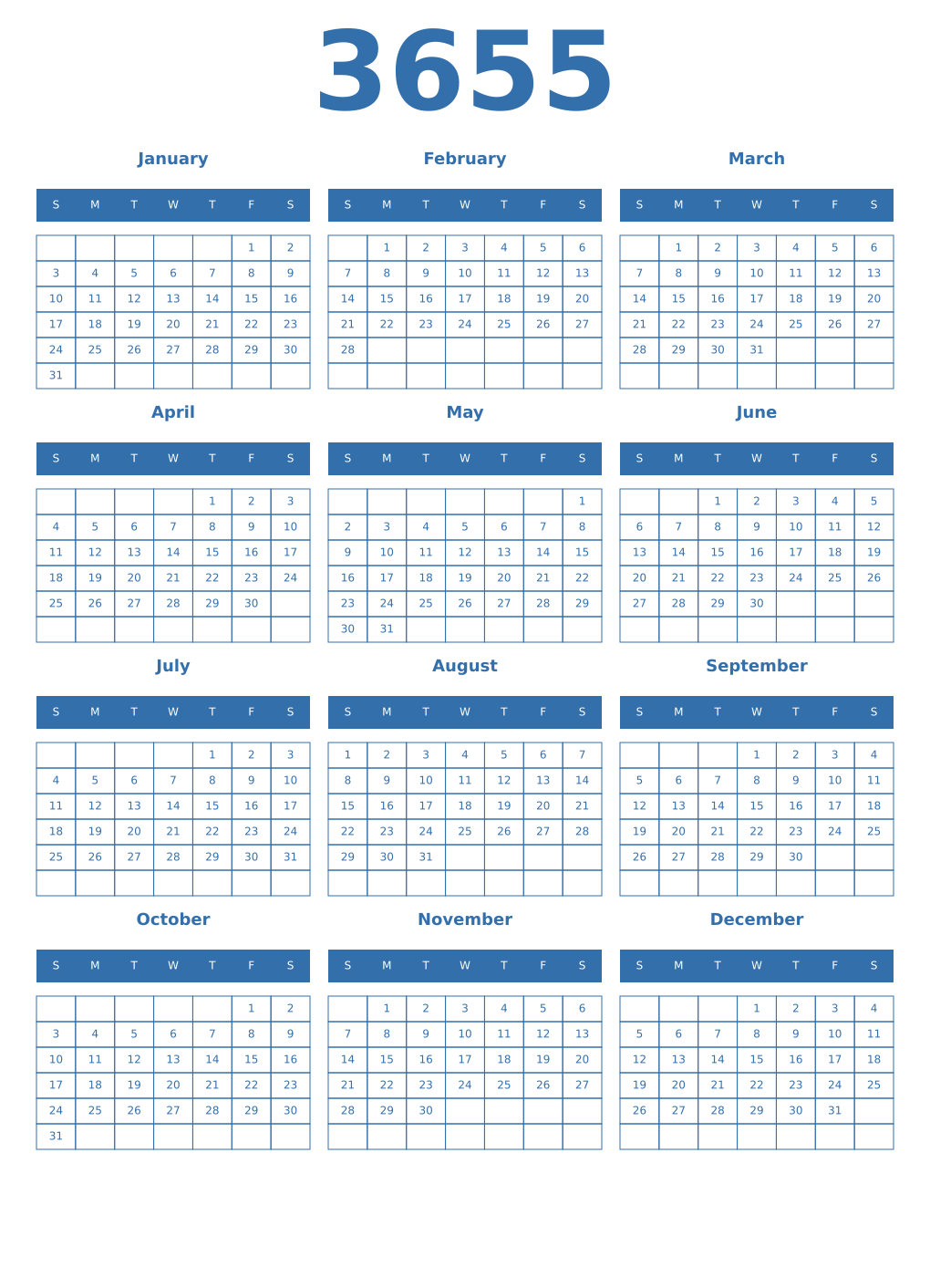 Printable 3655 Year Calendars blue