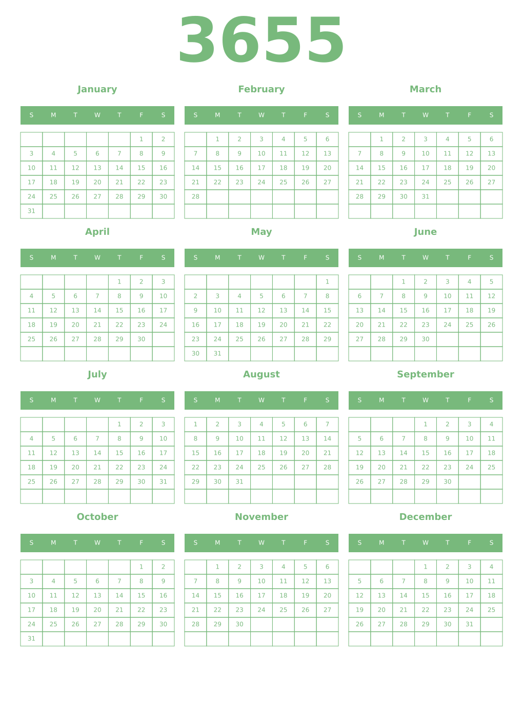 Printable 3655 Year Calendars celadon