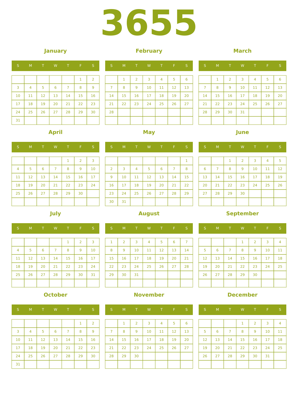 Printable 3655 Year Calendars chartreuse