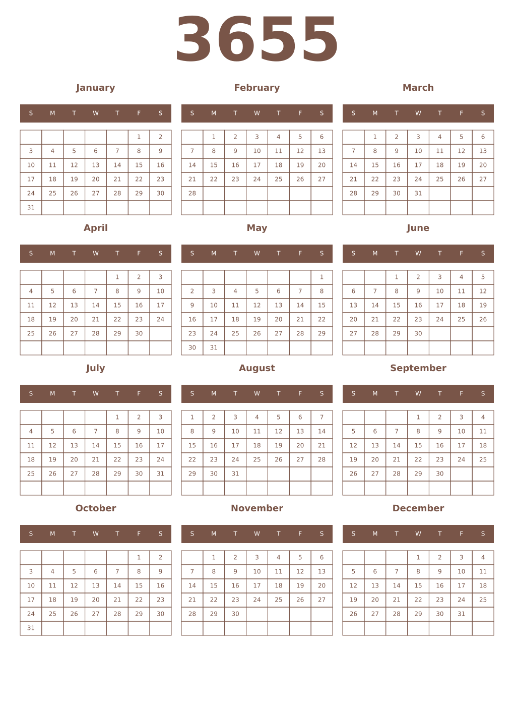Printable 3655 Year Calendars coffe