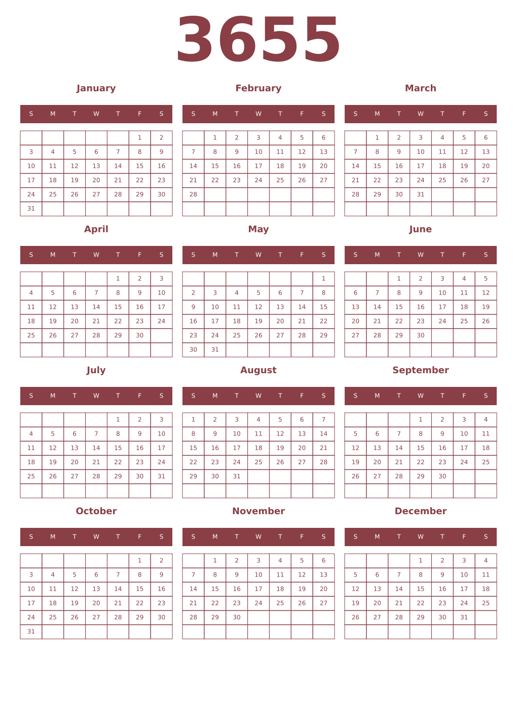 Printable 3655 Year Calendars cordovan