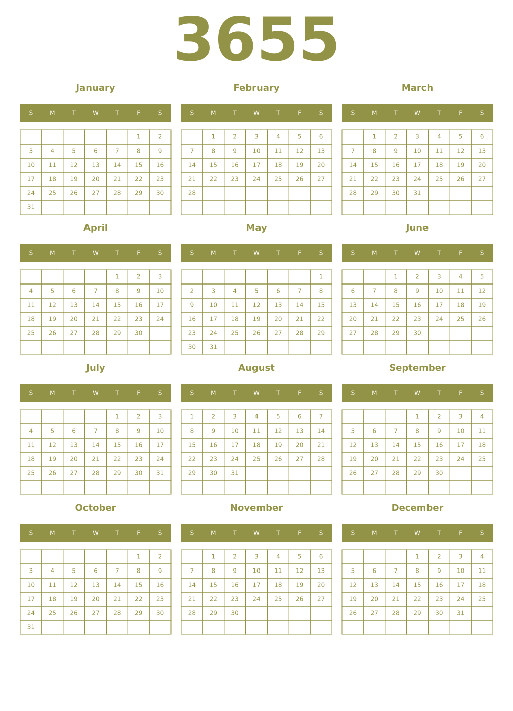 Printable 3655 Year Calendars eburnean