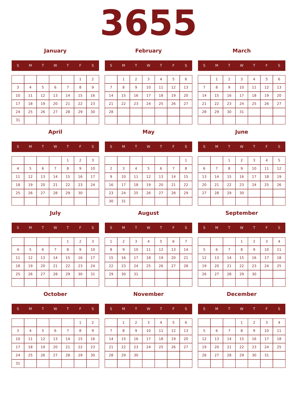 Printable 3655 Year Calendars falu