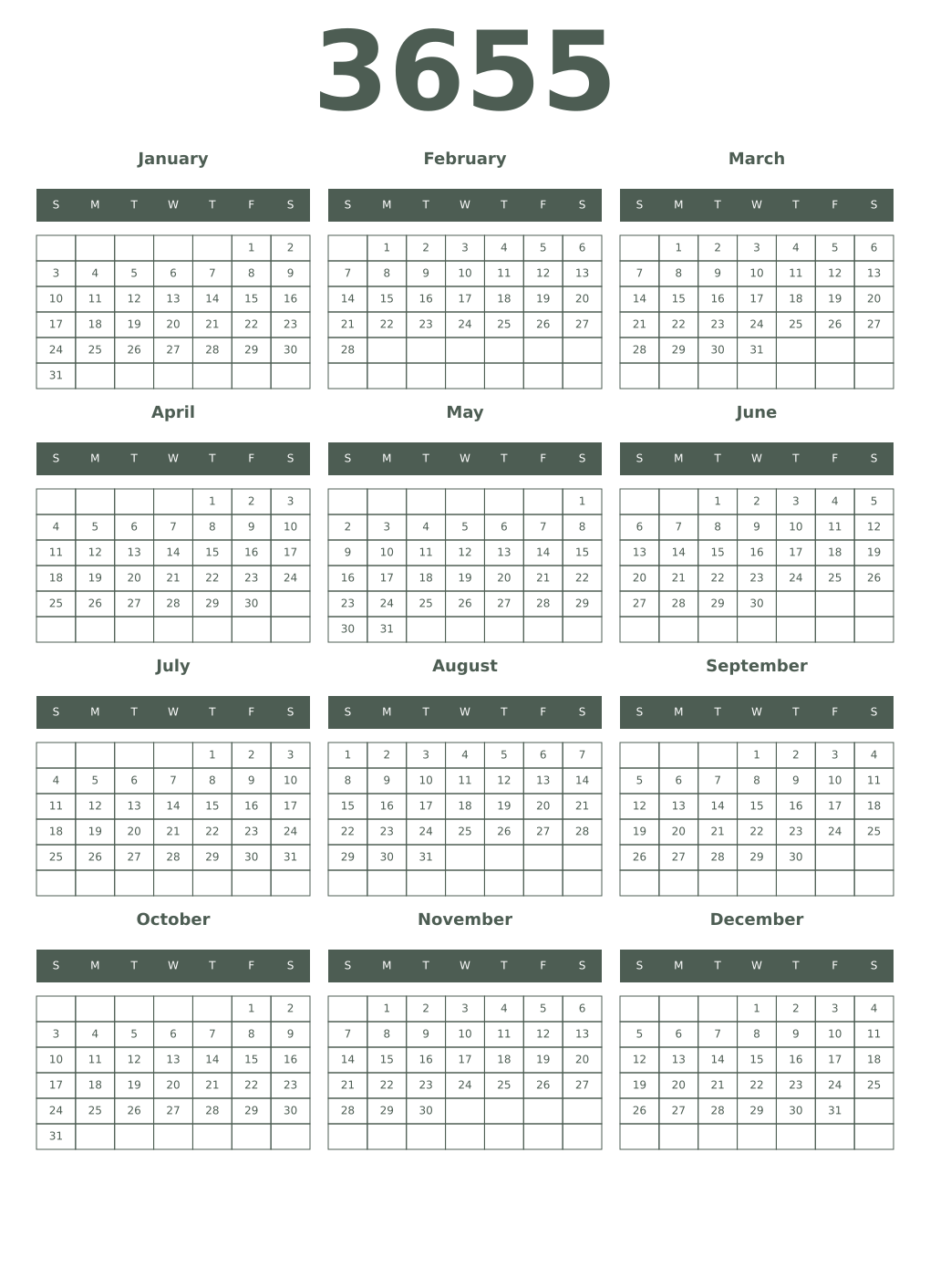 Printable 3655 Year Calendars feldgrau