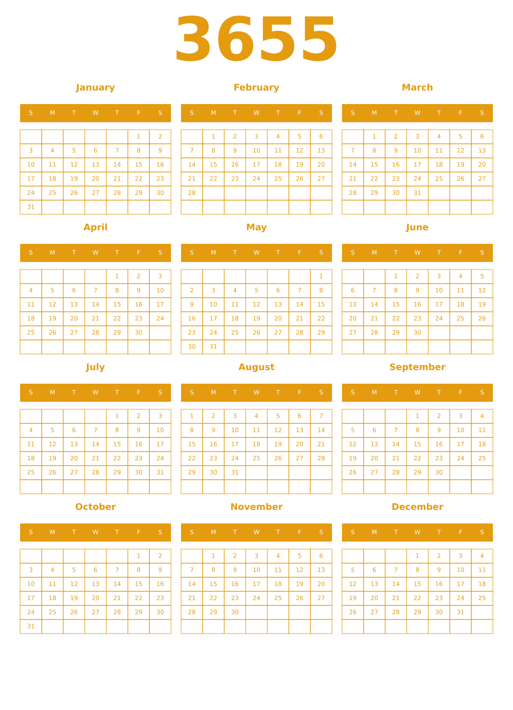 Printable 3655 Year Calendars gamboge