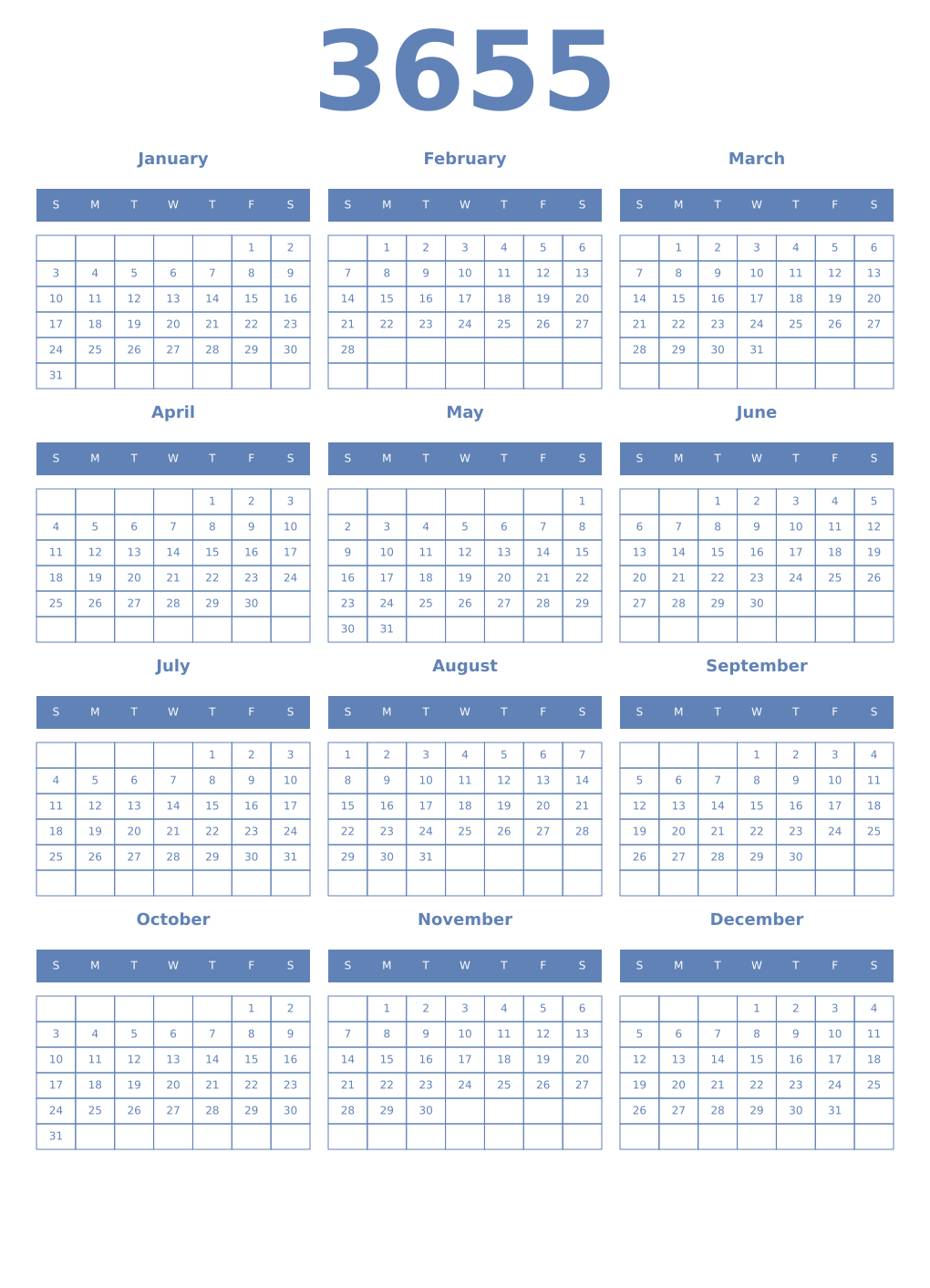 Printable 3655 Year Calendars glaucous