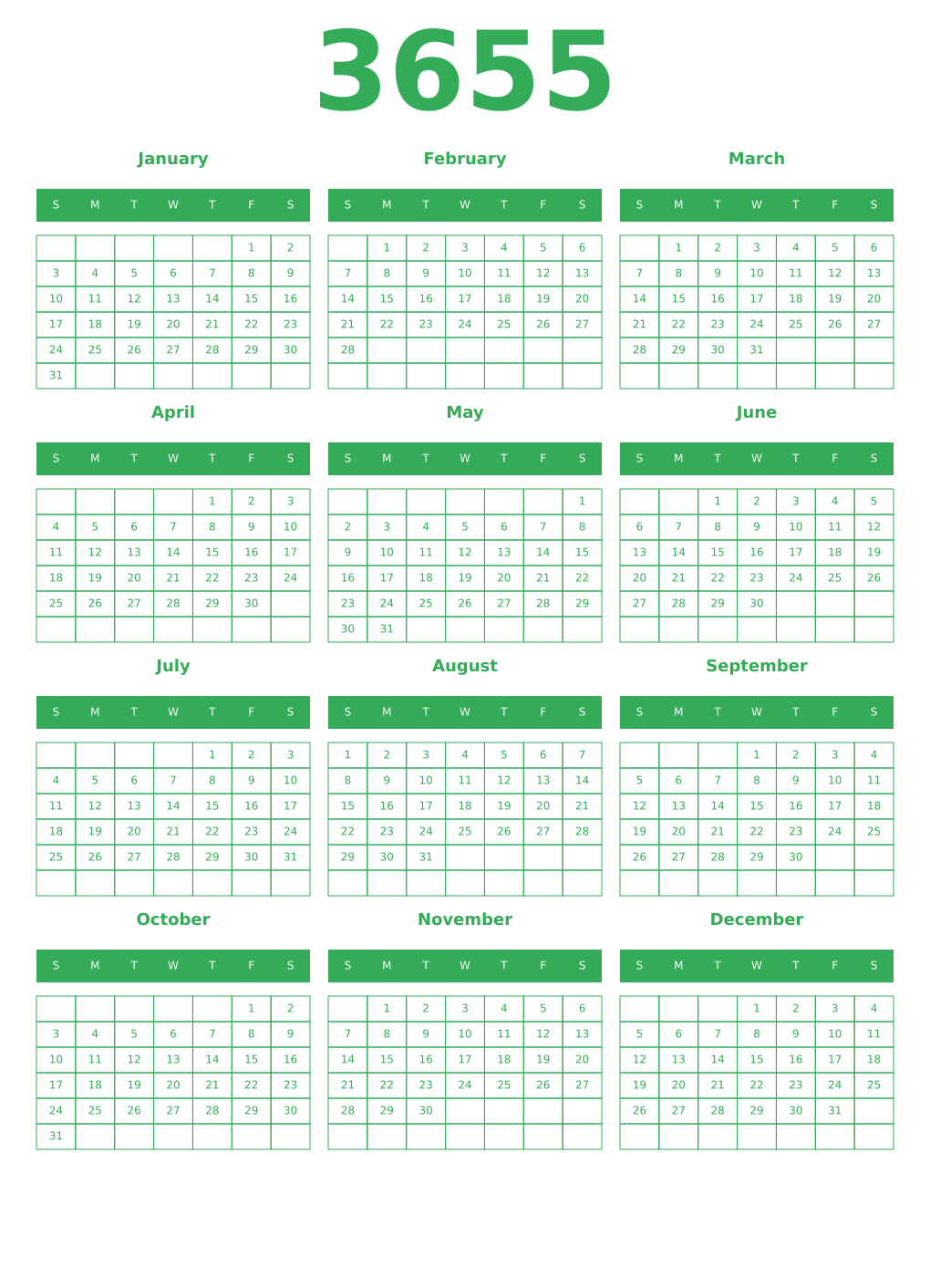 Printable 3655 Year Calendars green