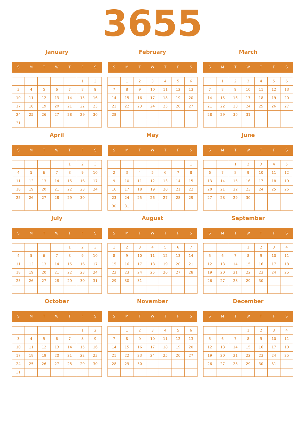 Printable 3655 Year Calendars orange