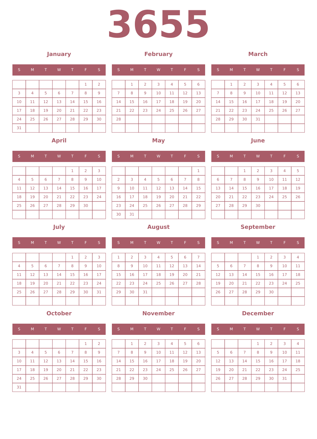 Printable 3655 Year Calendars puce