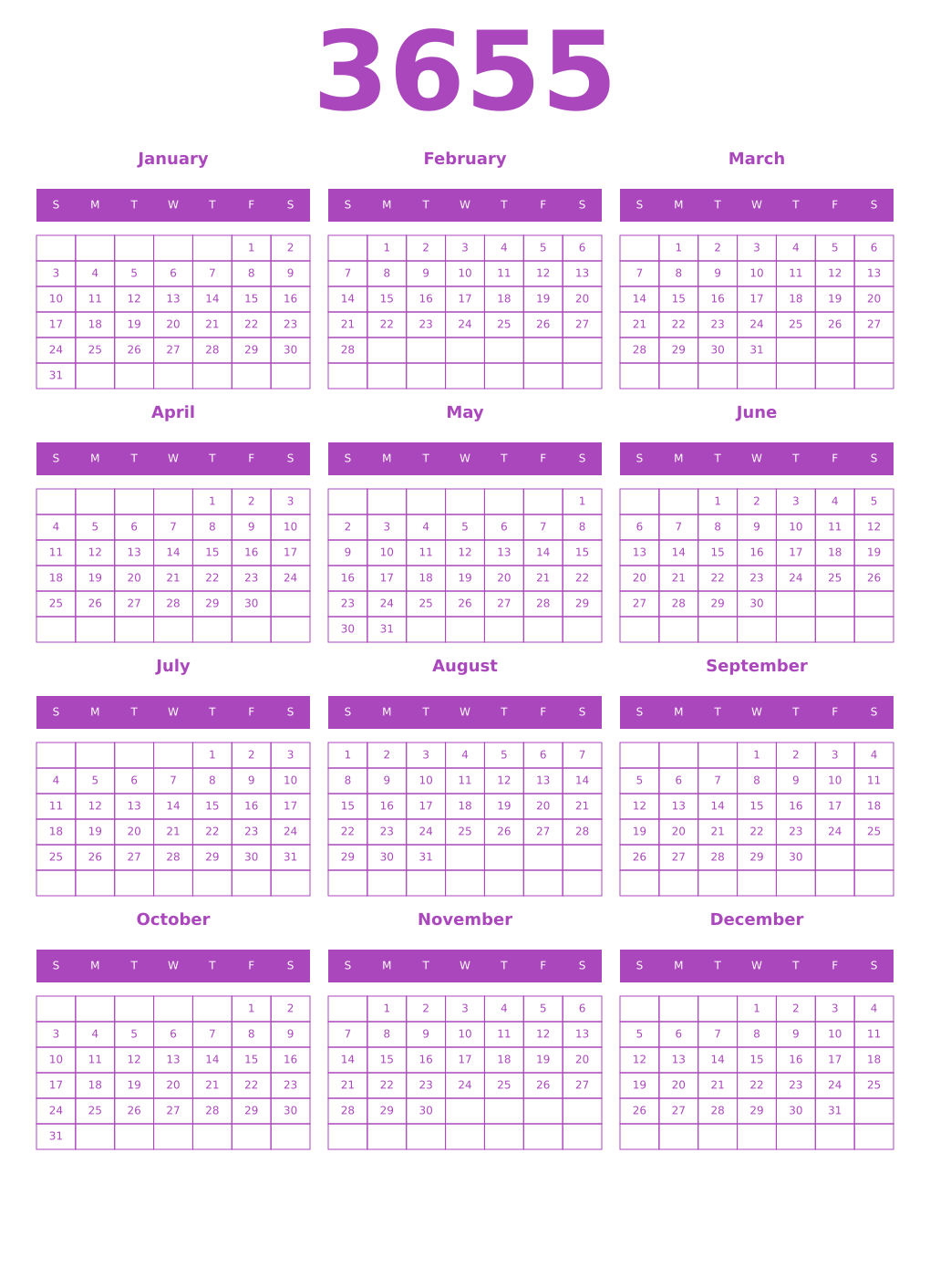 Printable 3655 Year Calendars purple