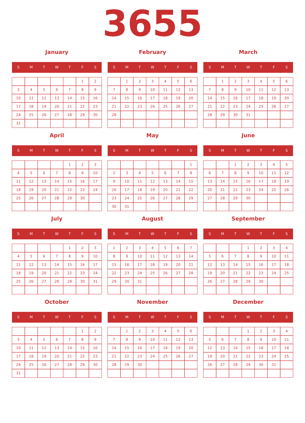 Printable 3655 Year Calendars red