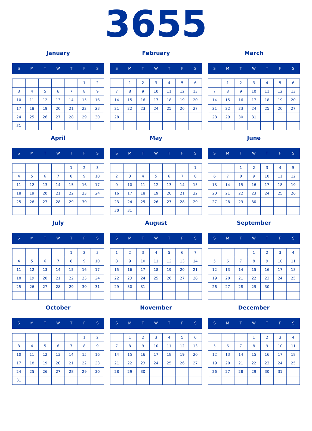 Printable 3655 Year Calendars smalt