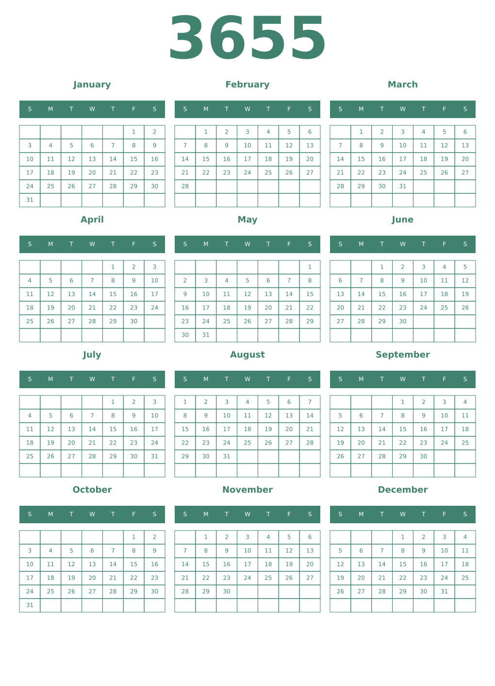 Printable 3655 Year Calendars viridian