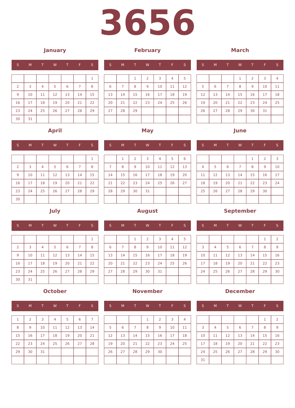 Printable 3656 Year Calendars cordovan