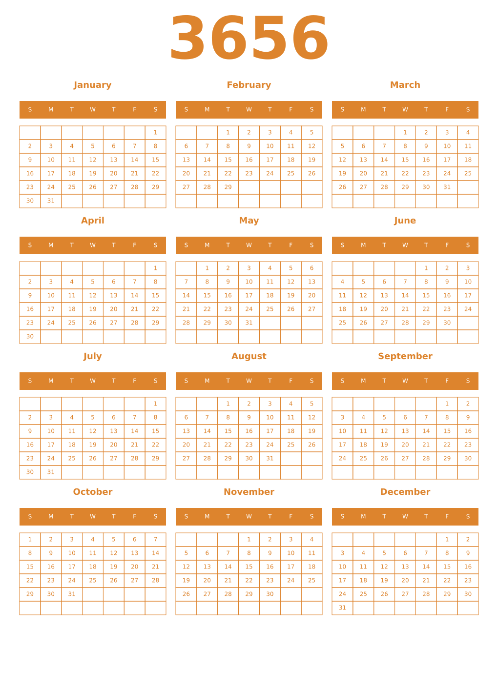 Printable 3656 Year Calendars orange