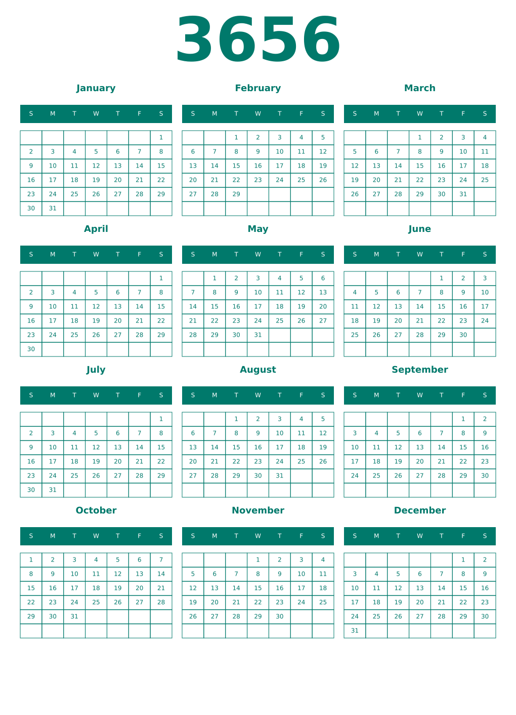 Printable 3656 Year Calendars pastel