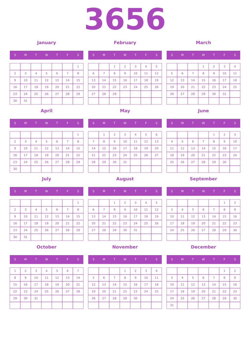 Printable 3656 Year Calendars purple