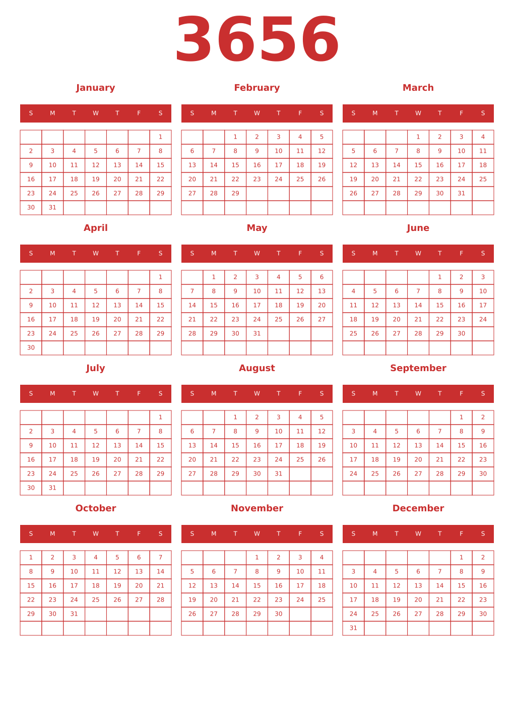Printable 3656 Year Calendars red