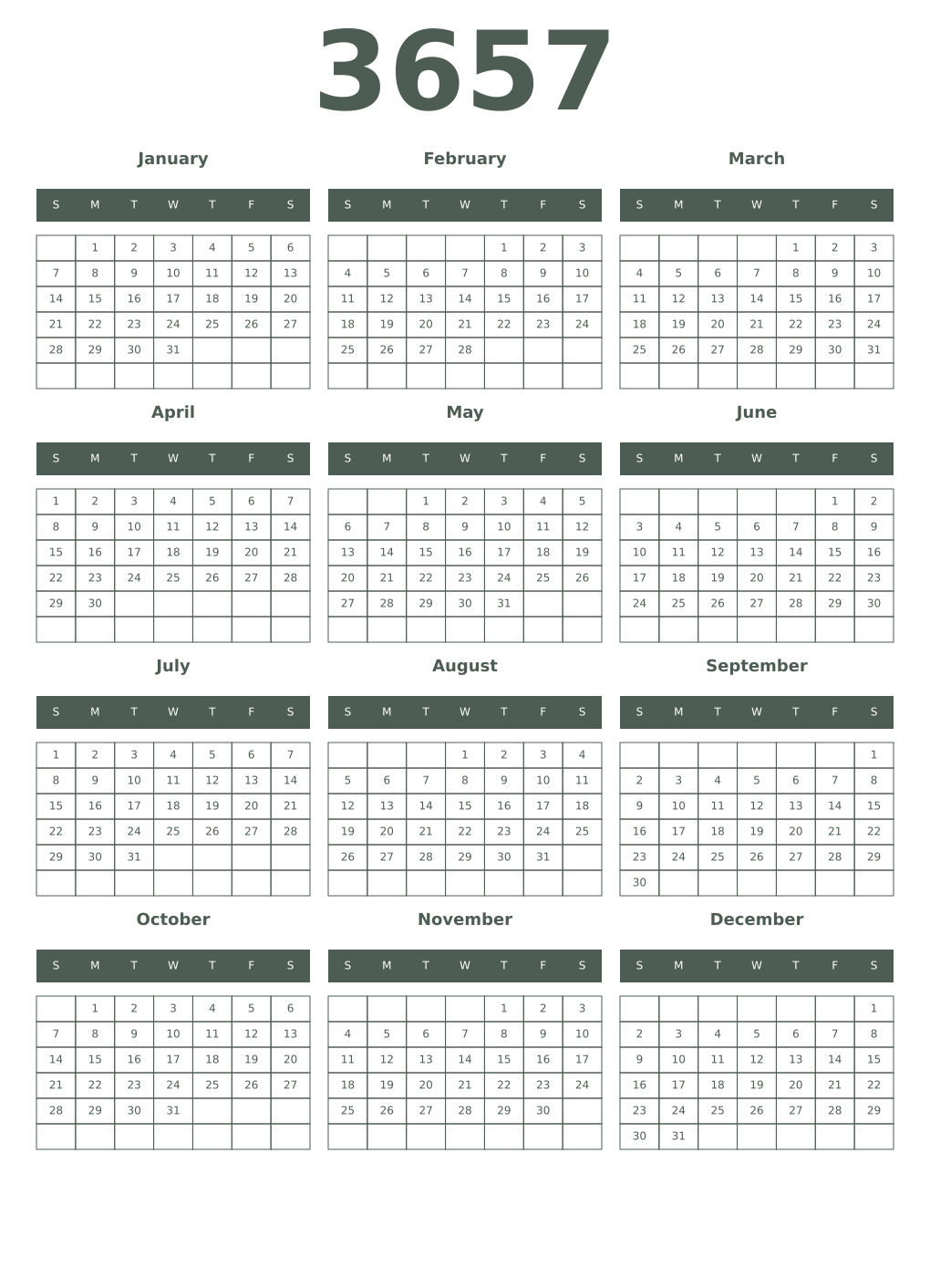 Printable 3657 Year Calendars feldgrau