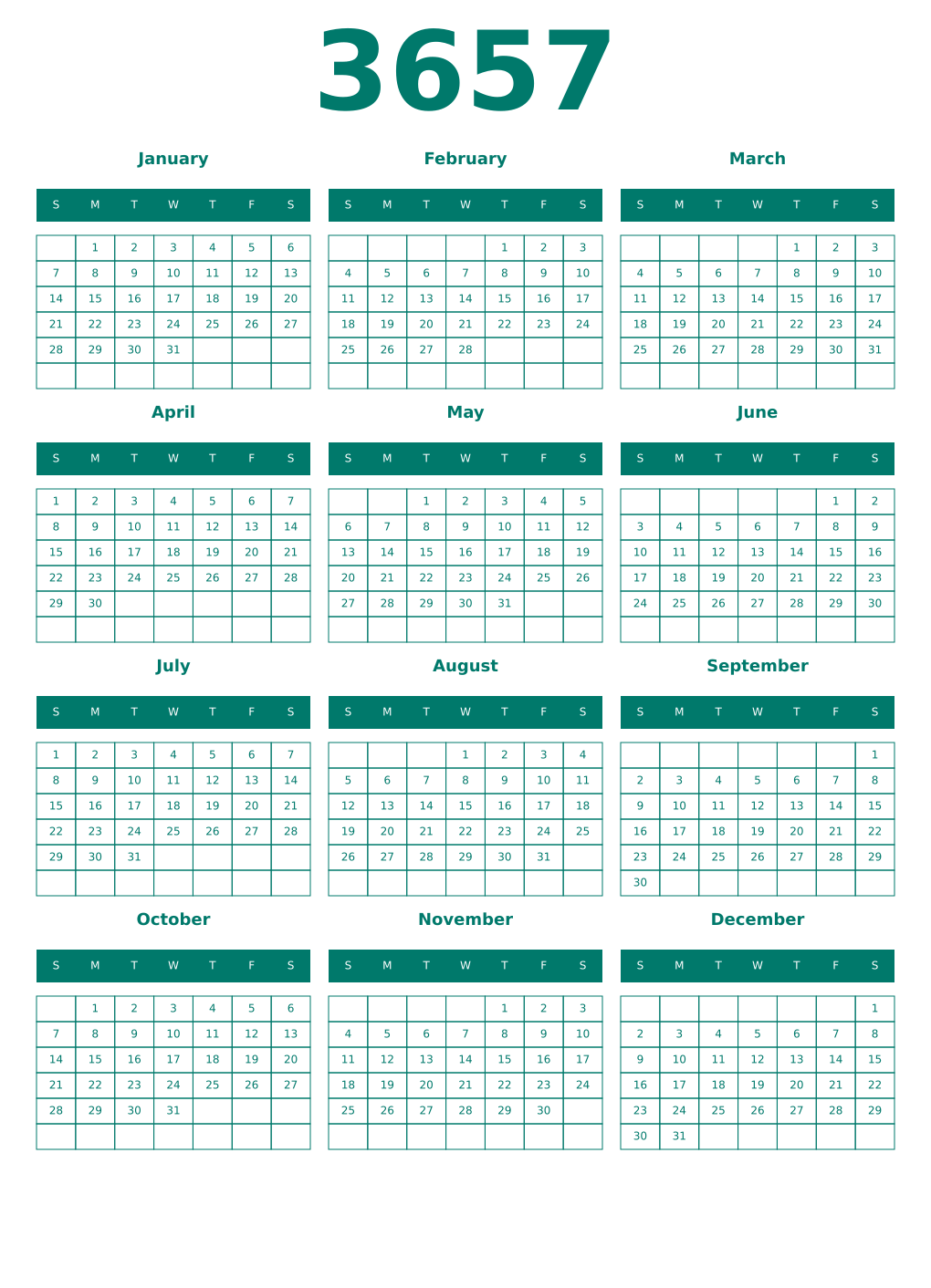 Printable 3657 Year Calendars pastel