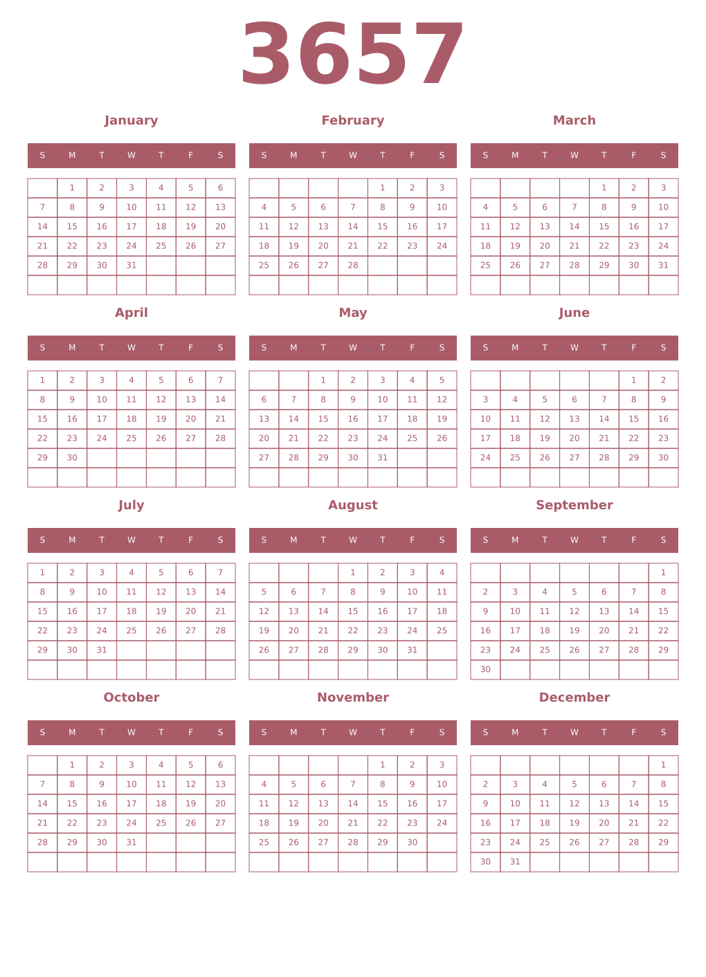 Printable 3657 Year Calendars puce
