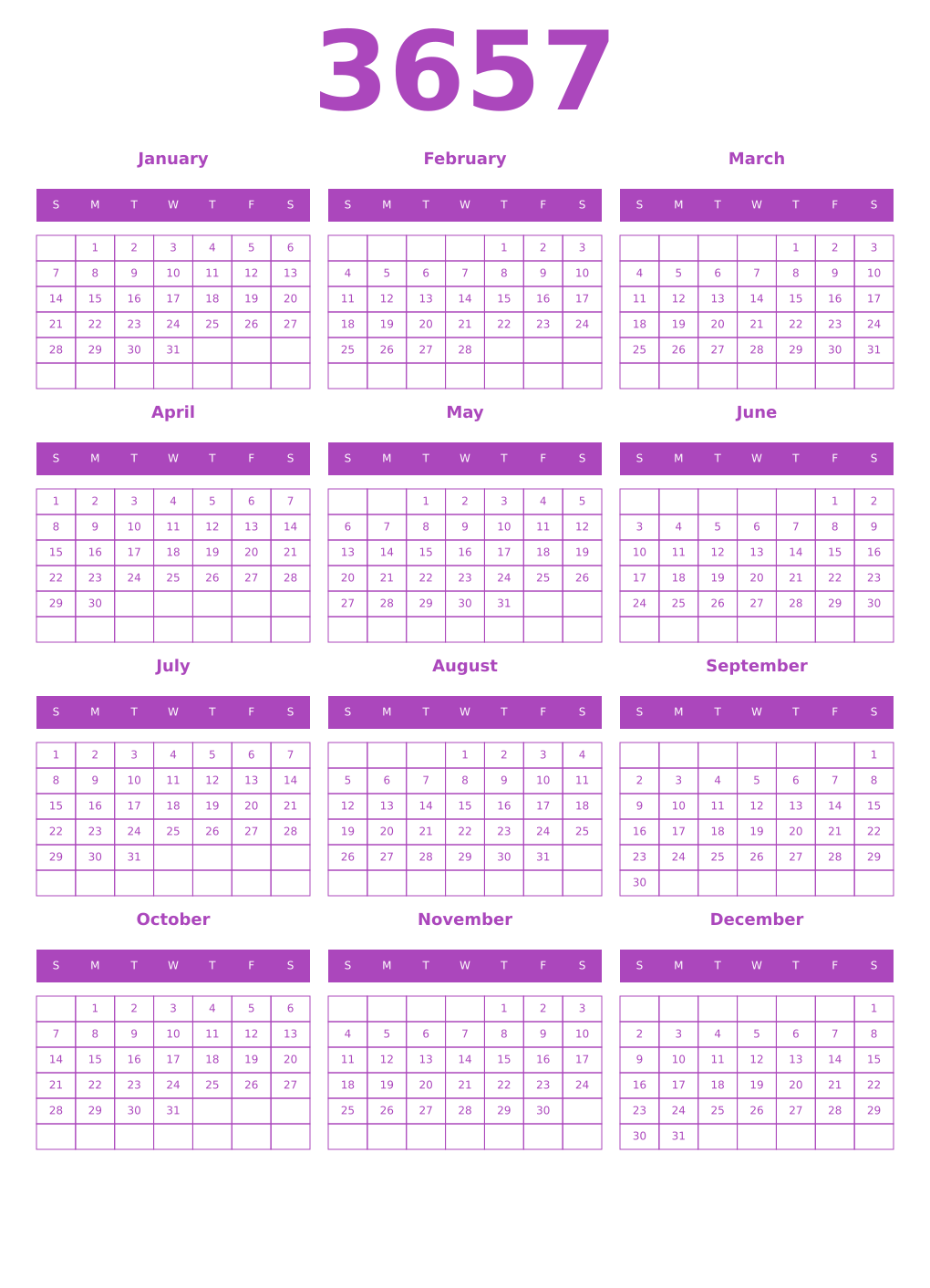 Printable 3657 Year Calendars purple