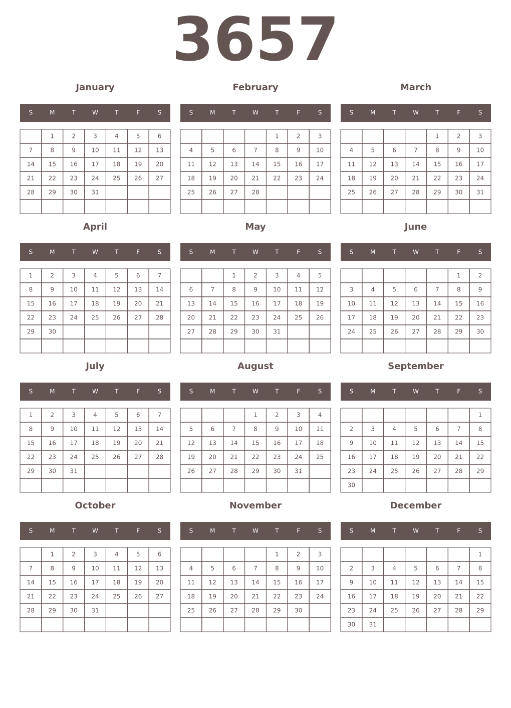 Printable 3657 Year Calendars wenge