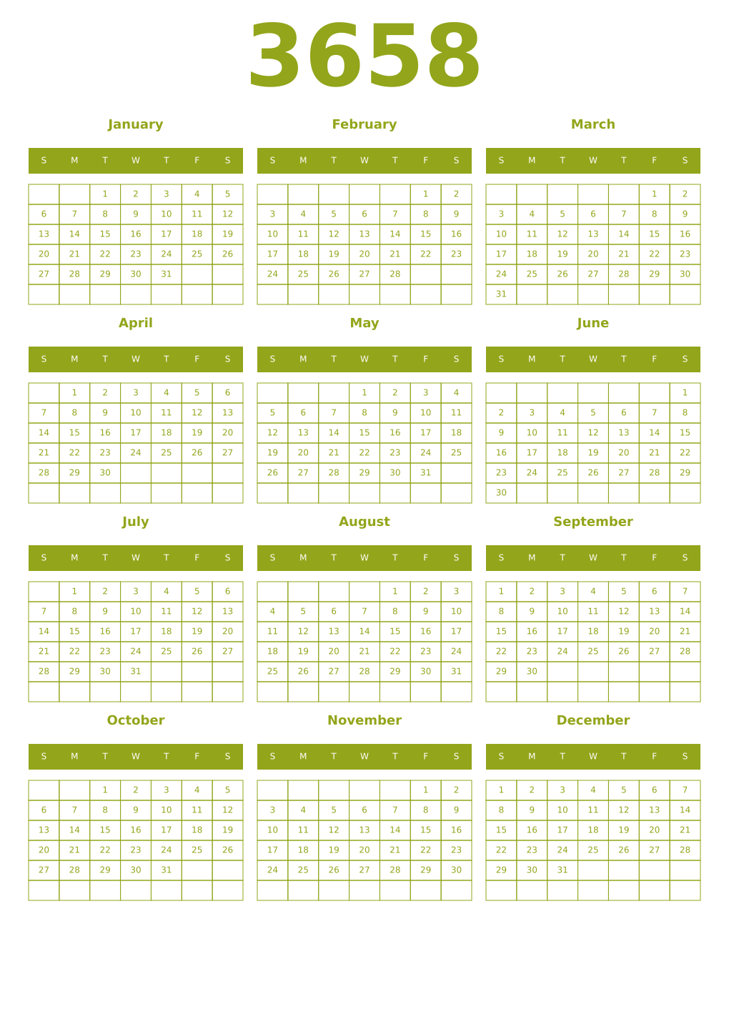 Printable 3658 Year Calendars chartreuse