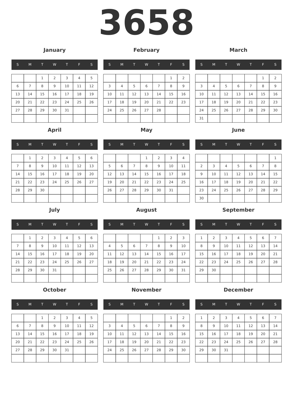Printable 3658 Year Calendars dark