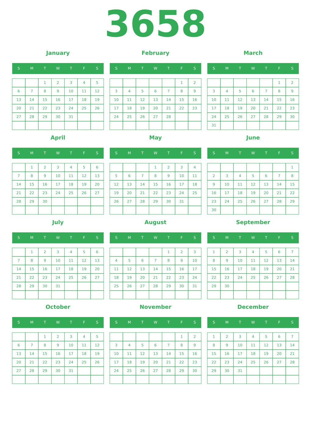 Printable 3658 Year Calendars green