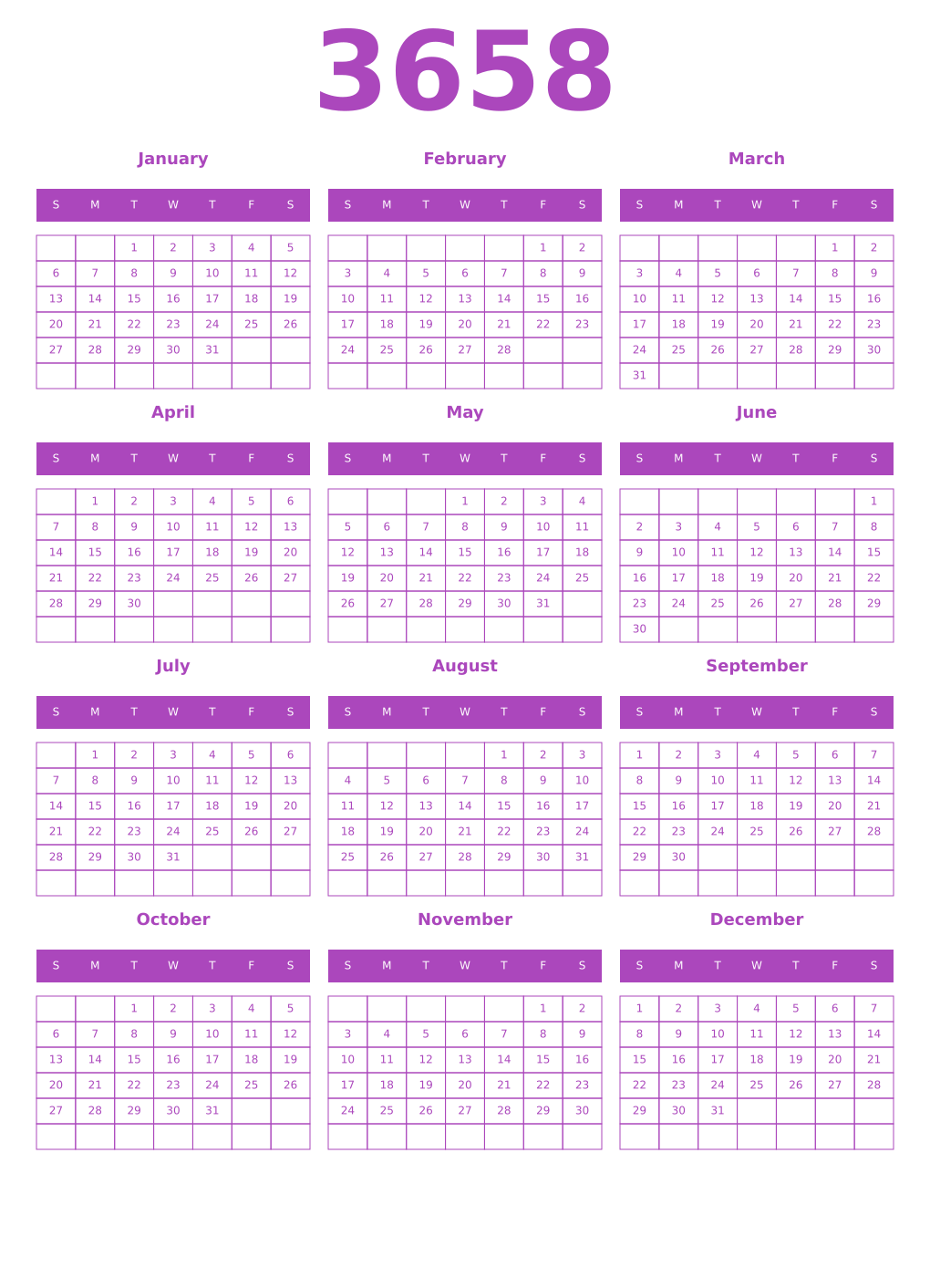Printable 3658 Year Calendars purple