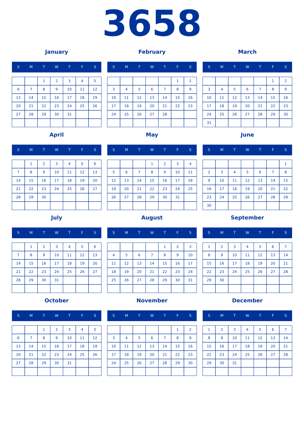 Printable 3658 Year Calendars smalt
