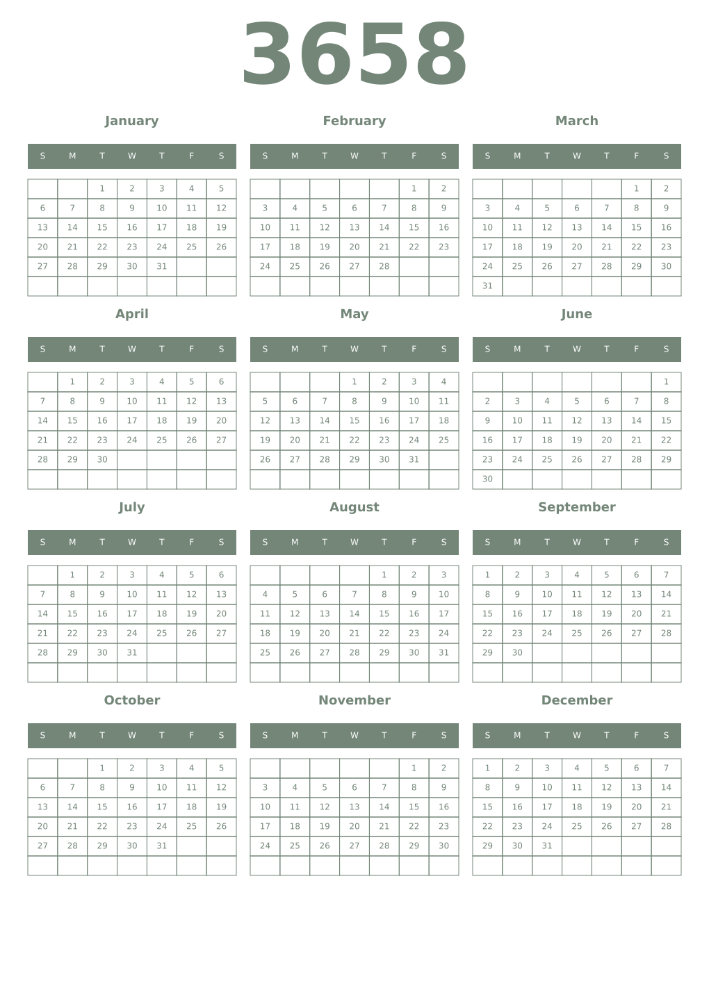 Printable 3658 Year Calendars xanadu
