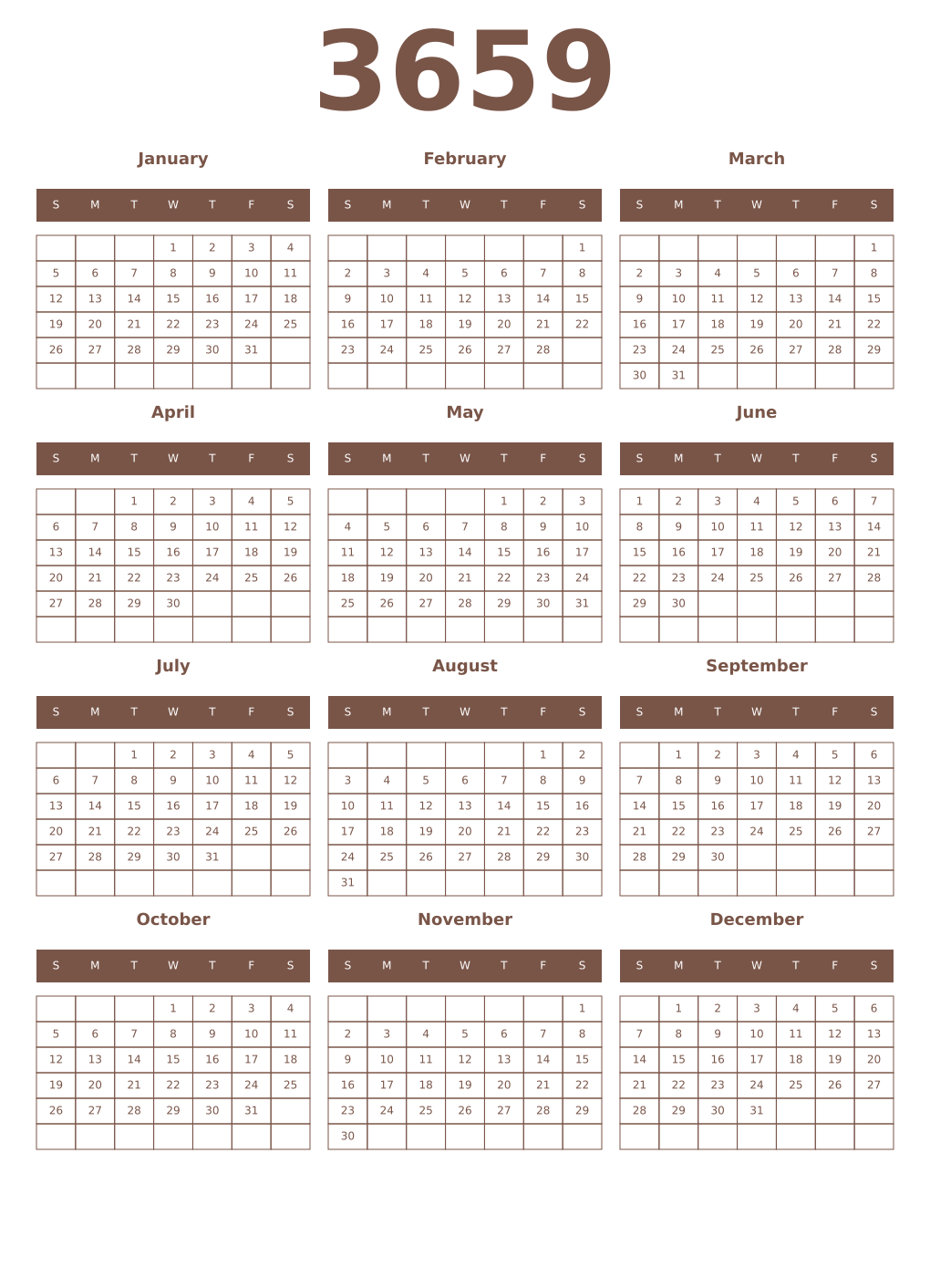 Printable 3659 Year Calendars coffe