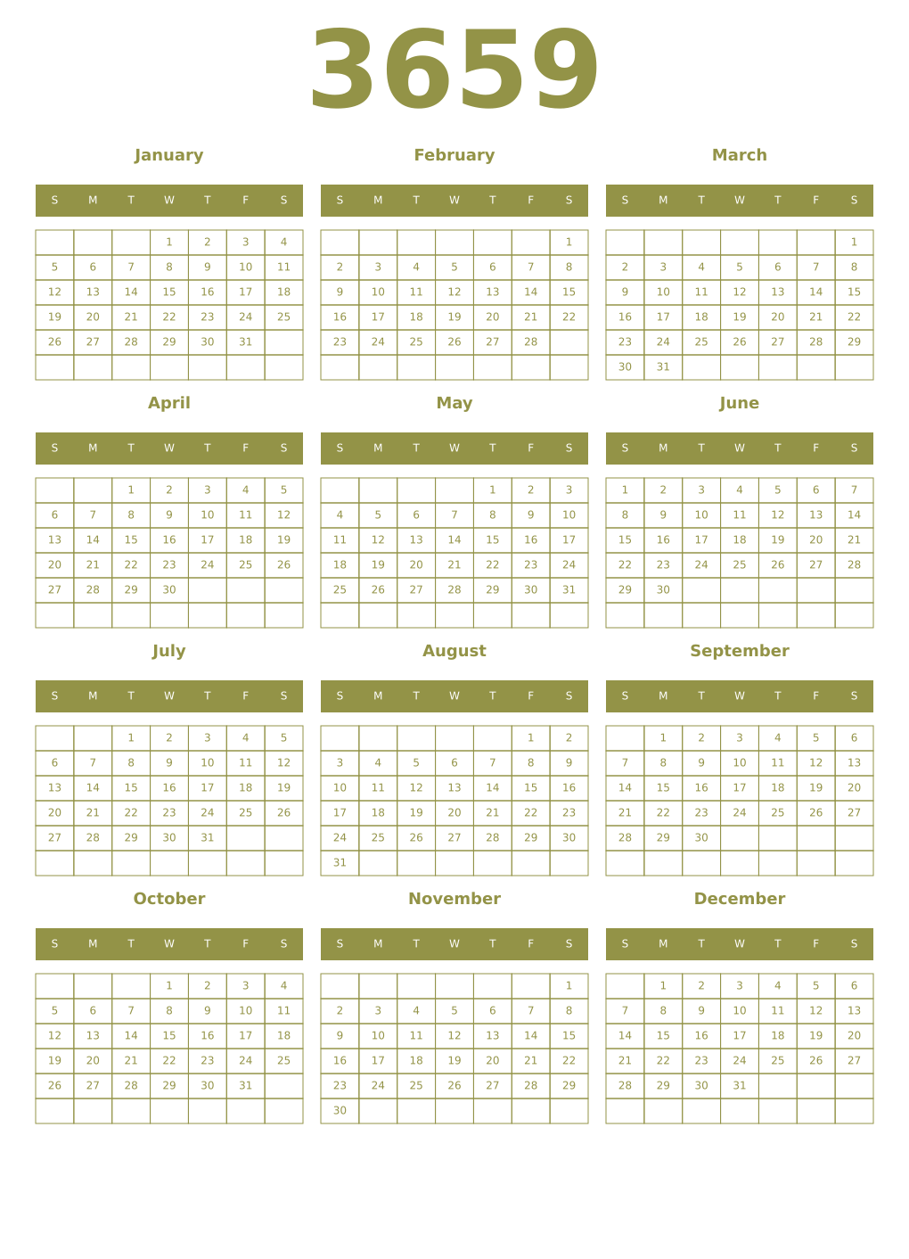 Printable 3659 Year Calendars eburnean