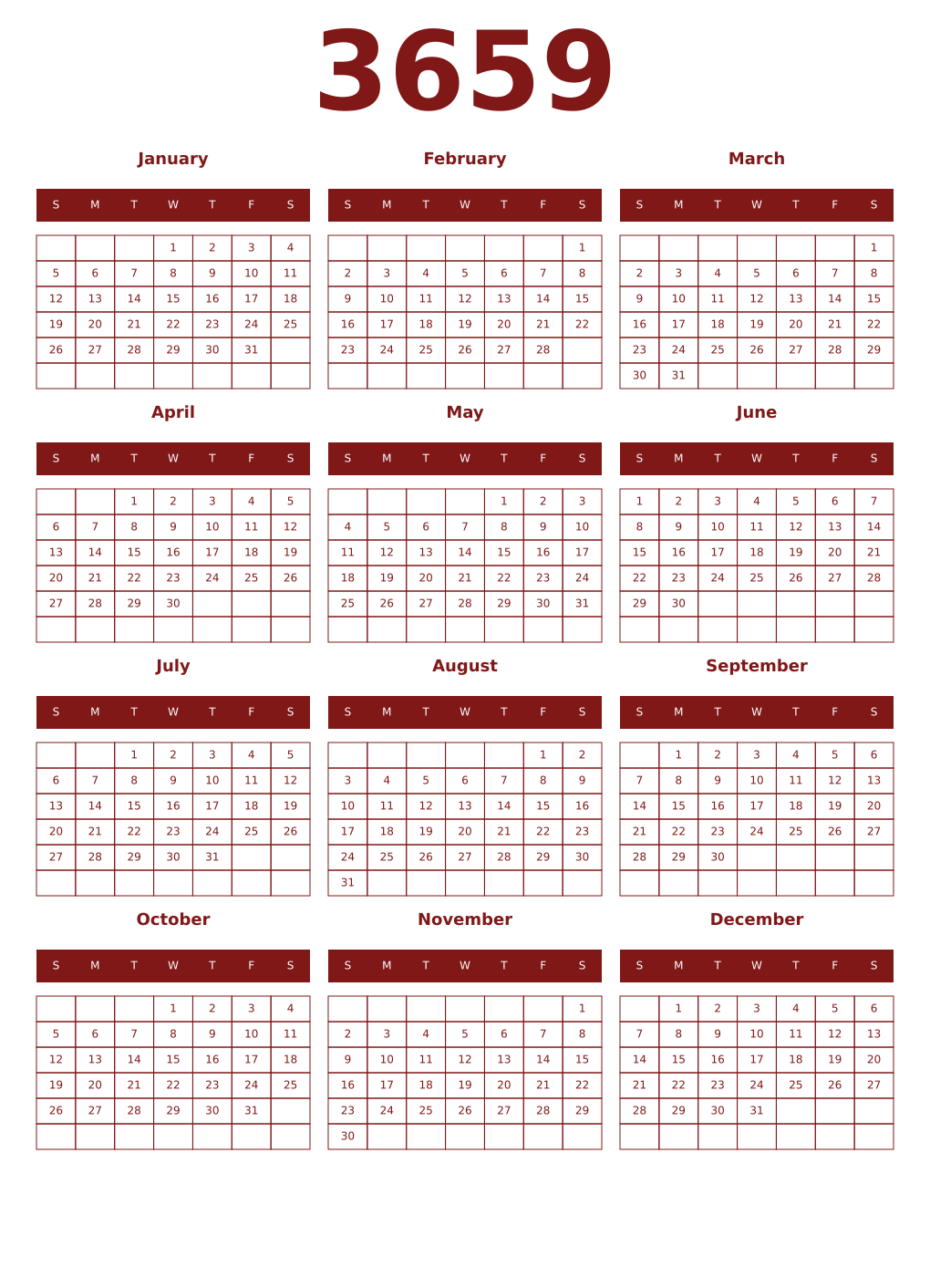 Printable 3659 Year Calendars falu