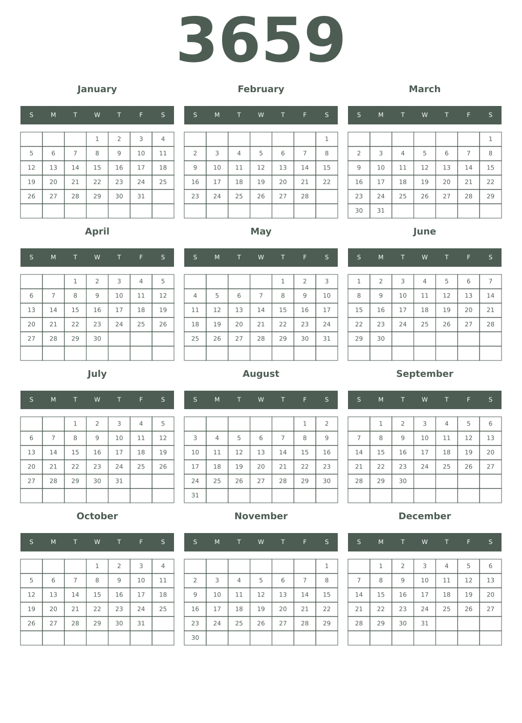 Printable 3659 Year Calendars feldgrau
