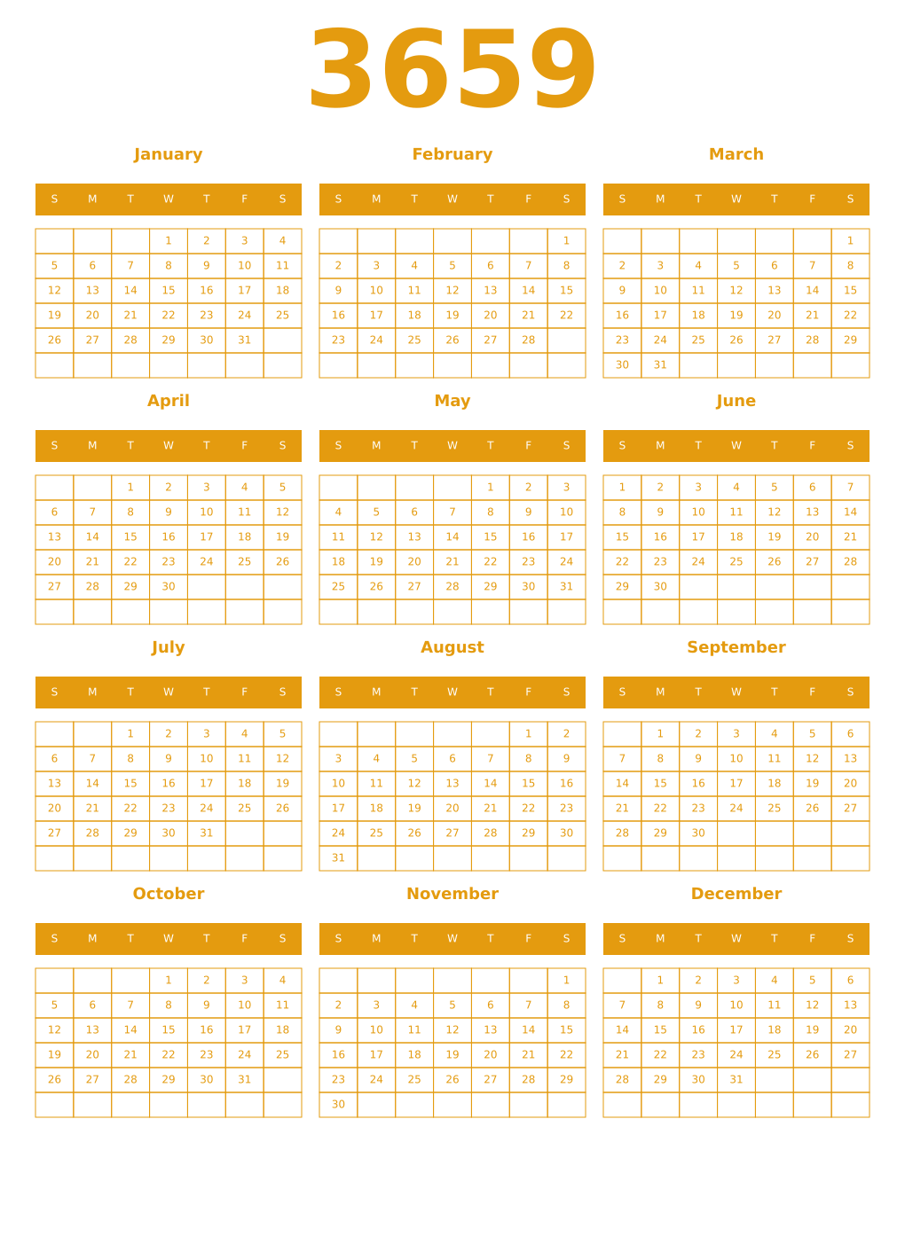 Printable 3659 Year Calendars gamboge